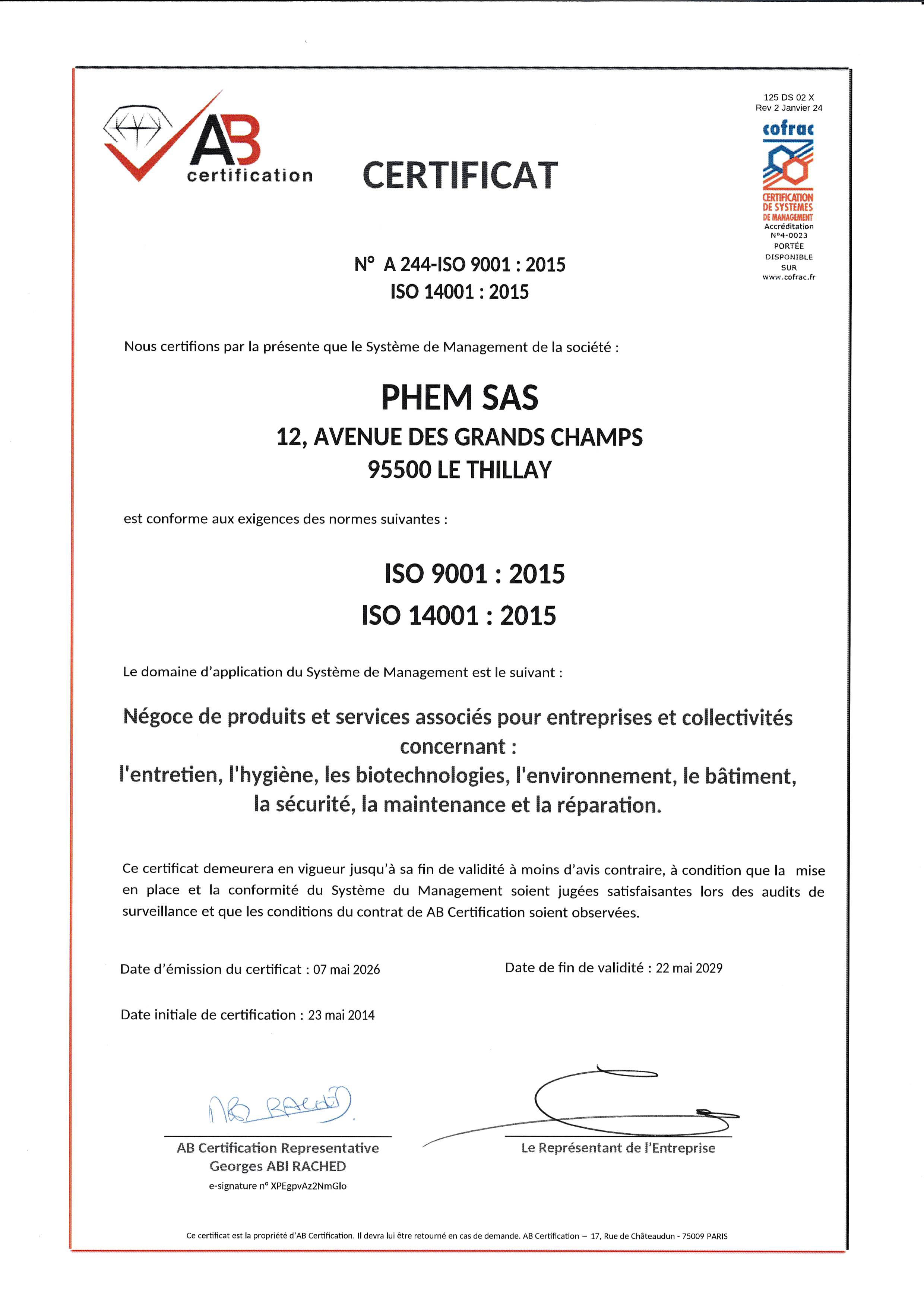 Certificat ISO 9001 & ISO 14001 - Phem (2026)